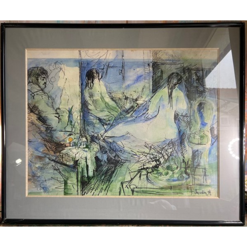 Philippe Ancellin, Nude in the Workshop, 1974, Watercolor Painting for sale at Pamono