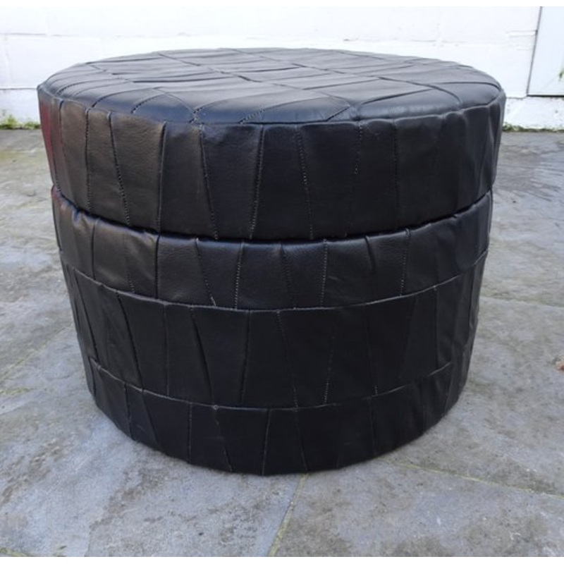 Vintage Handmade Black Leather Patchwork Storage Ottoman, 1970s for sale at Pamono