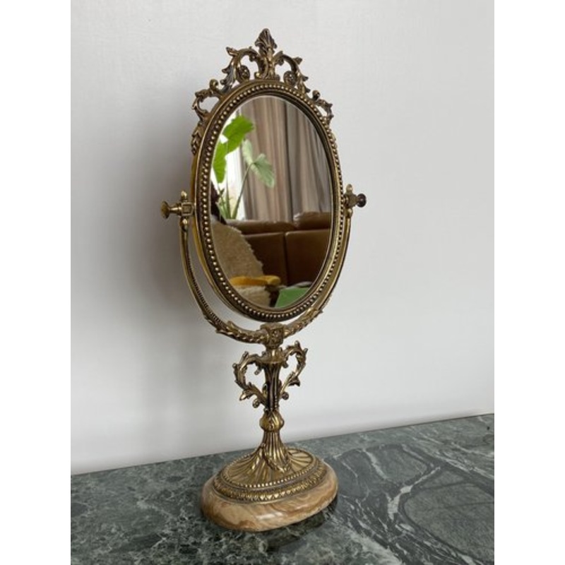 Vintage Victorian Brass Table Mirror on Marble Base, 1950s for sale at Pamono