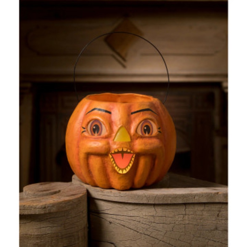Bethany Lowe 8 Spunky Pumpkin Bucket Paper Mache Vintage Halloween Decoration TJ2314