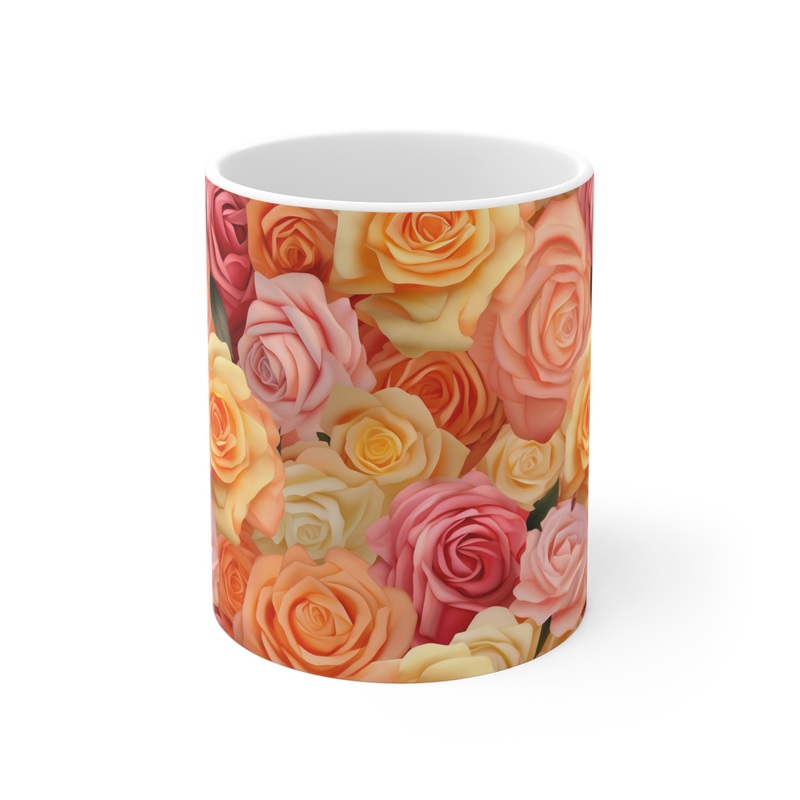 Pastel Orange Yellow Pink Roses All Over Coffee Cup – Charming Floral Design  (6)